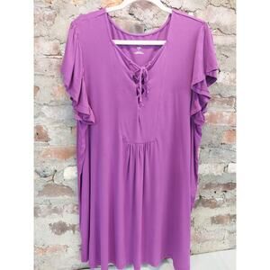 Roaman's Womens Tunic Top Plus Size 18/20 L Purple Lace Up Flutter Sleeve